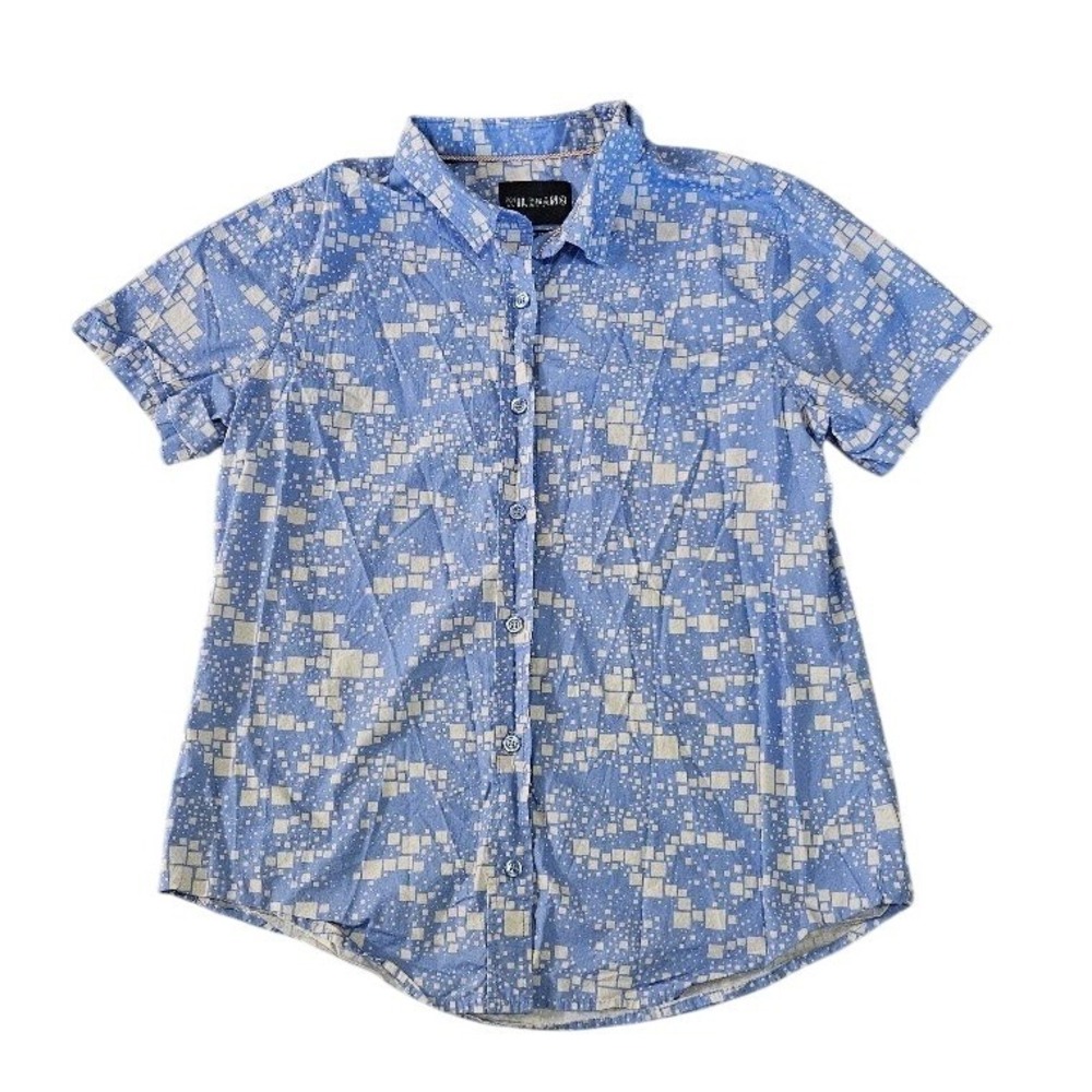 Wildfang The Essential Short Sleeve Button Up Shirt Blue Geometric Square Large